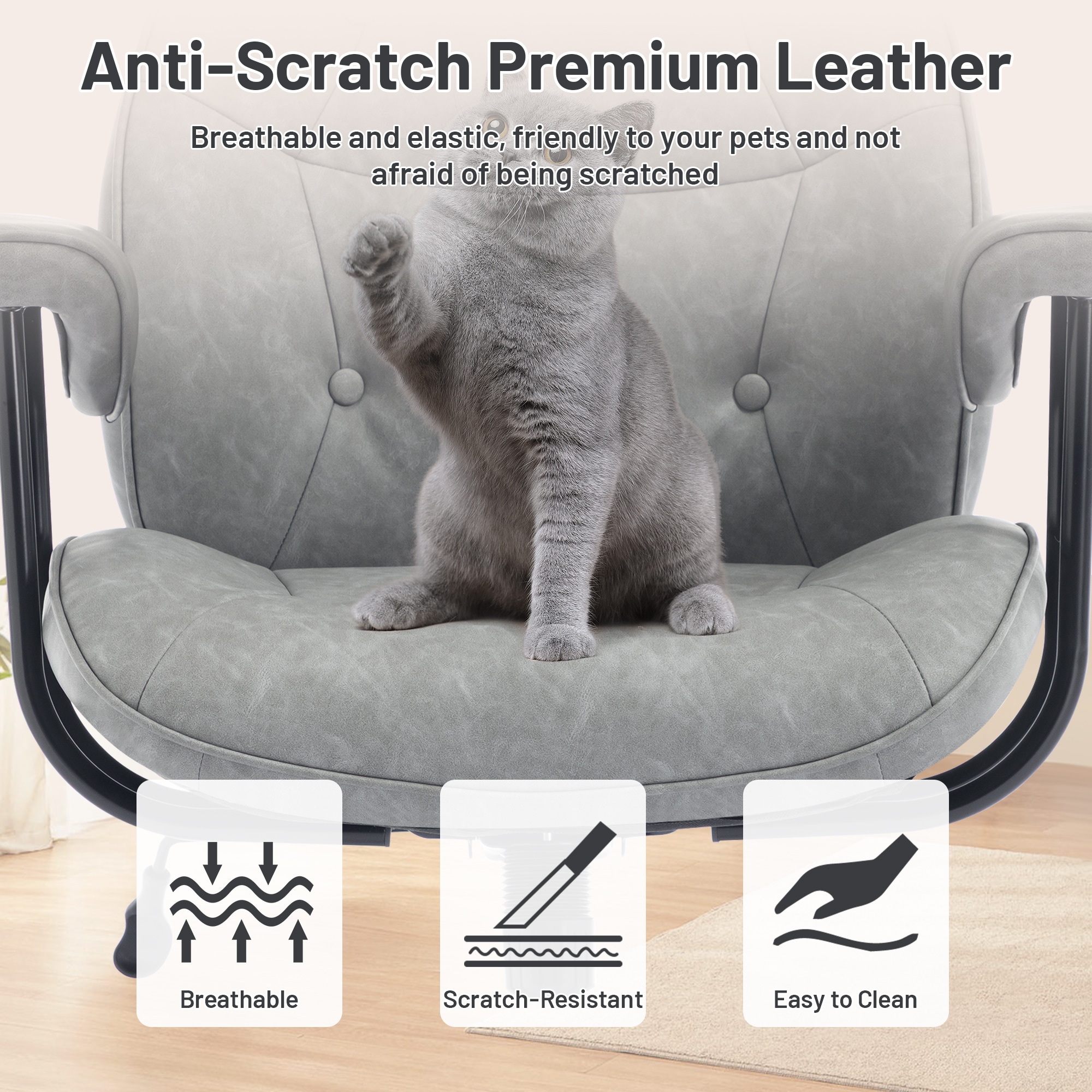 Retro Leather Office Chair With Lumbar Support And Rolling Wheels_voghion.com